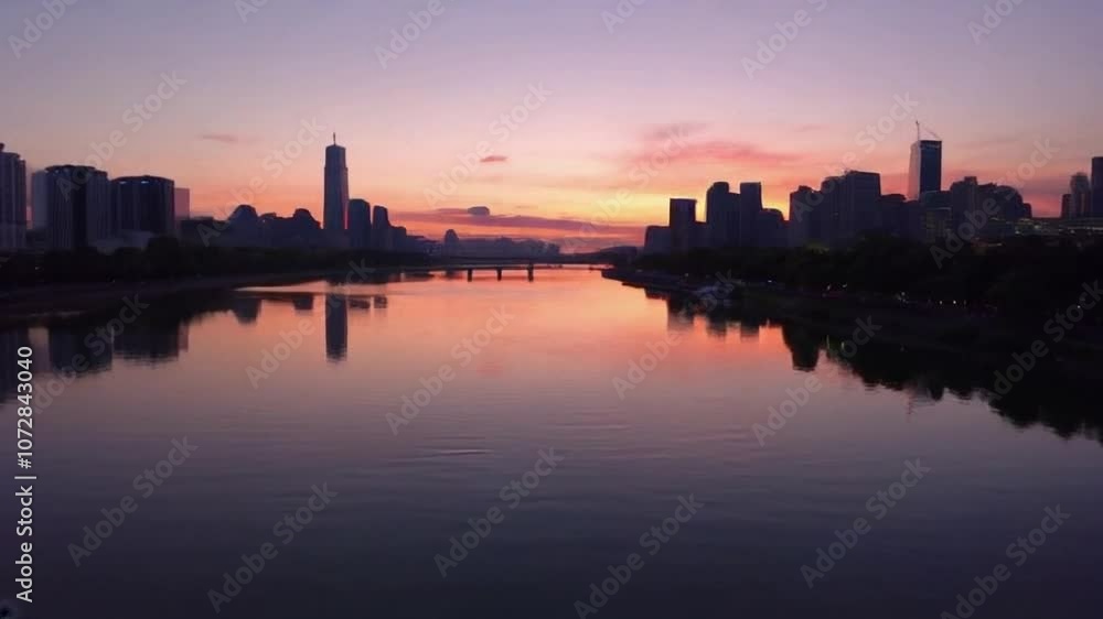 A river reflecting a city skyline at twilight, capturing both natural beauty and modern architecture A river reflecting a city skyline at twilight, capturing both natural beauty and modern architecture