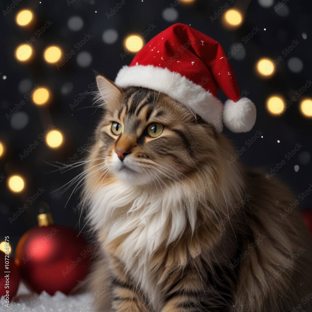 Siberian cat in Santa hat with Christmas lights and ornaments. Fluffy Siberian cat with warm candlelight, red and gold Siberian cat in Santa hat with Christmas lights and ornaments. Fluffy Siberian cat with warm candlelight, red and gold