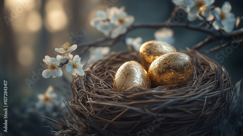 Wallpaper Mural Easter eggs, luxurious jewelry, resting in a nest with flowers on a soft background Torontodigital.ca