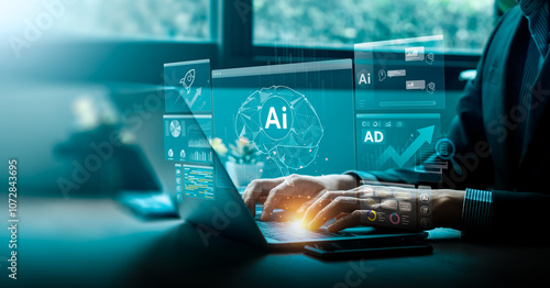 Fotografía Business Professional Analyzing AI-Generated Data and Graphs on Laptop, Leveragi