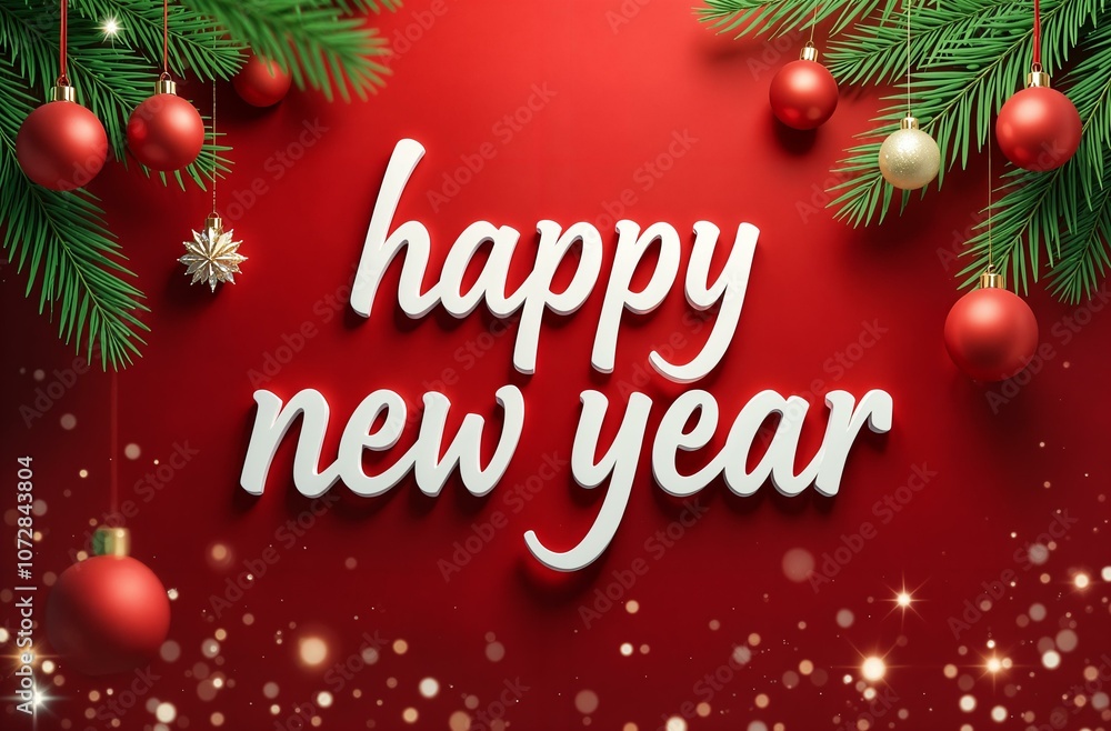Fir branches with red and golden balls on the sides with the inscription Fir branches with red and golden balls on the sides with the inscription