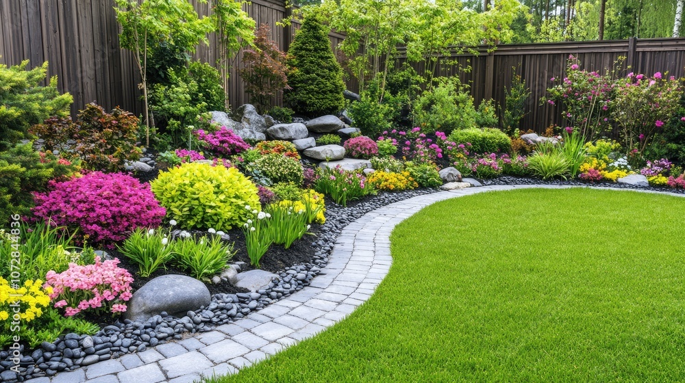 Lush and Vibrant Garden Landscape Featuring Colorful Flowers, Green Grass, and Natural Stones in a Tranquil Outdoor Setting Lush and Vibrant Garden Landscape Featuring Colorful Flowers, Green Grass, and Natural Stones in a Tranquil Outdoor Setting