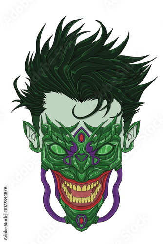 Scary laughing green Joker head with shiny effect