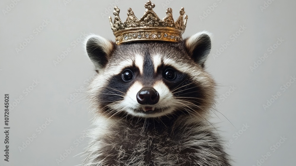 Adorable raccoon wearing a golden crown, showcasing a charming and whimsical personality in a light-hearted portrait perfect for creative projects or animal-themed content. Adorable raccoon wearing a golden crown, showcasing a charming and whimsical personality in a light-hearted portrait perfect for creative projects or animal-themed content.