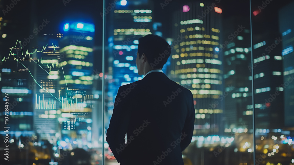 Abstract business man stands on the peak of success amid tall, innovative Smart city and graphs with statistics to analyze business potential and predict future developments in company growth. Abstract business man stands on the peak of success amid tall, innovative Smart city and graphs with statistics to analyze business potential and predict future developments in company growth.