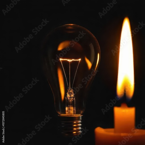 close-up, black background, an old bulb with a metal base in minimalist style is not burning, in contrast a small candle is burning, concept of poor power supply photo