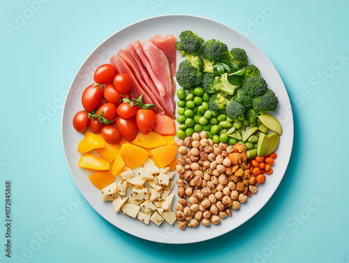 A colorful plate featuring sliced meats, various vegetables, and fruits, arranged in sections for a healthy and appealing presentation. photo