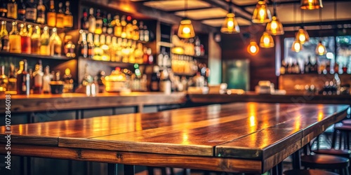 Empty wooden table in a dimly lit bar with a blurred background of shelves stocked with liquor bottles and hanging light fixtures