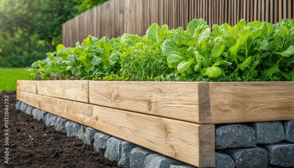 A lush garden bed made of wood and stone, filled with vibrant green lettuce and surrounded by a peaceful outdoor setting. A lush garden bed made of wood and stone, filled with vibrant green lettuce and surrounded by a peaceful outdoor setting.