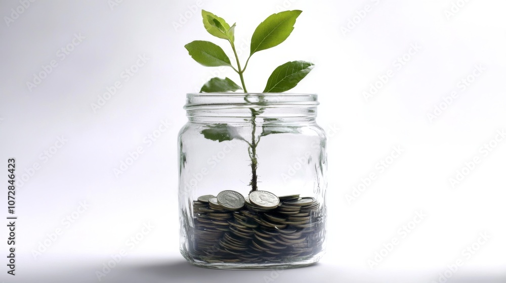 Saving Jar with Growing Money Plant : A jar with coins that has a small plant growing out, symbolizing that even small savings can grow Saving Jar with Growing Money Plant : A jar with coins that has a small plant growing out, symbolizing that even small savings can grow