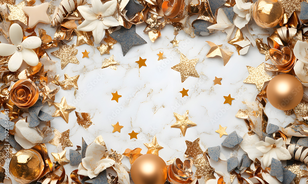 Fototapeta premium Christmas and New Year designs with festive ornaments, golden snowflakes, cozy wreaths, and sparkling holiday accents for wallpaper and greeting cards