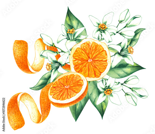 Watercolor orange tropical fruit hand drawn. Orange illustration for packaging, textile, berndesign etc. Orange bouquet with flowers zest