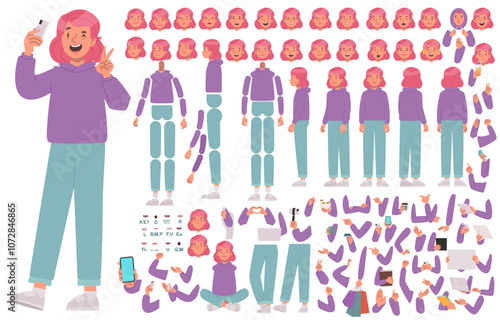 Constructor of a teenage girl character who is into video blogging. Blogger student, young girl with pink hair. Set of body positions, arms and legs, head and different emotions to create animations