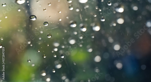 “Rainy Day with Raindrops on Glass” – Close-Up View of Raindrops Sliding Down a Window with a Blurred Background