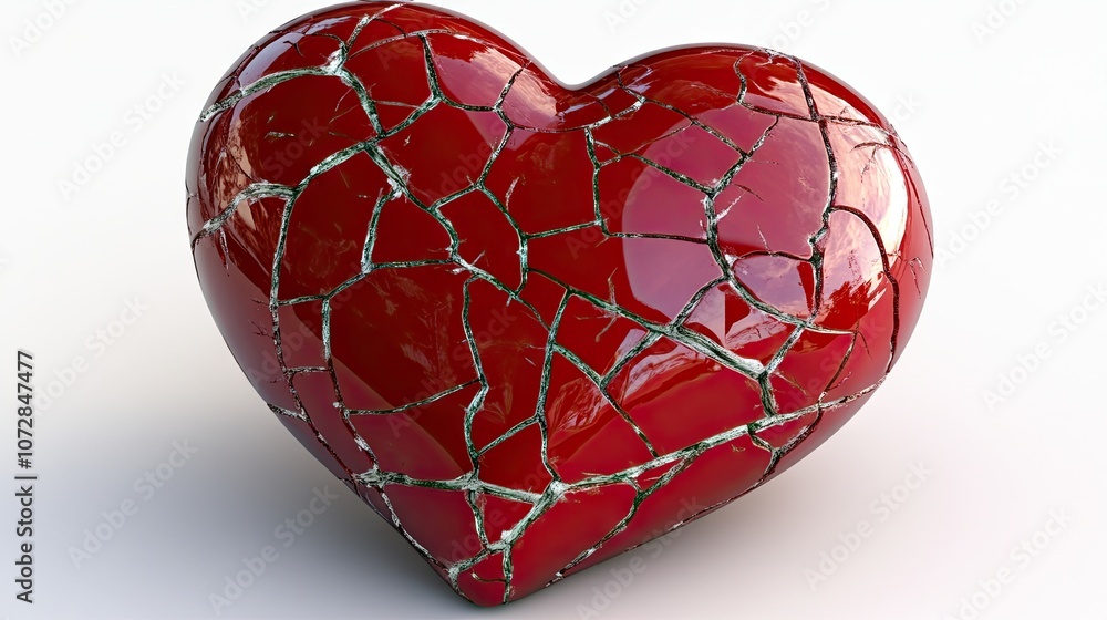 Cracked Red Heart Sculpture Symbolizing Broken Love and Heartbreak with Reflection and Shiny Surface in Abstract Artistic Style Cracked Red Heart Sculpture Symbolizing Broken Love and Heartbreak with Reflection and Shiny Surface in Abstract Artistic Style