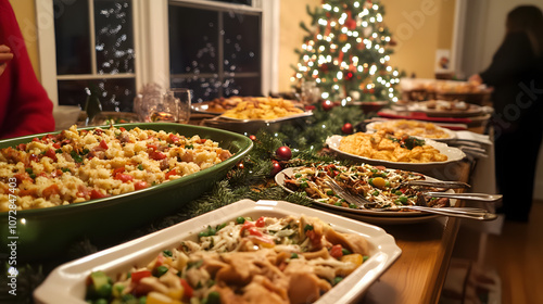 Christmas potluck with neighbors bringing traditional dishes to share. photo