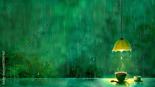 Wallpaper Mural A steaming cup of coffee sits on a table in front of a window with rain falling outside. Torontodigital.ca