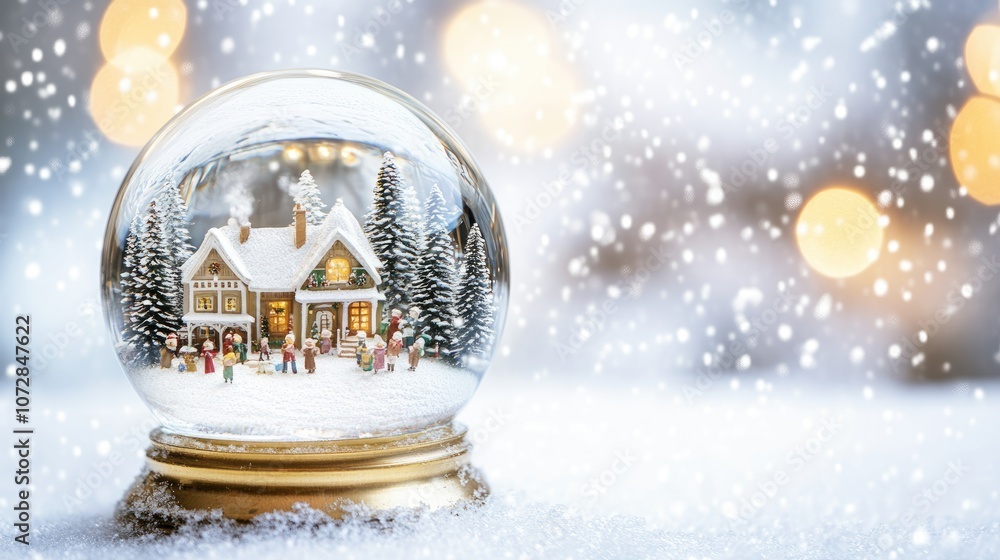 Enchanting Snow Globe Featuring a Cozy Winter Scene with a Charming House, Snow-Covered Trees, and Figurines Celebrating the Holiday Season