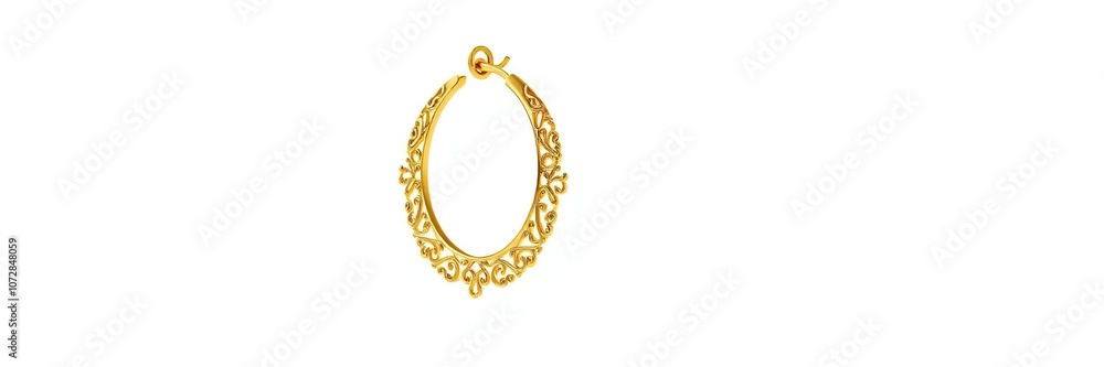 Gold hoop earring with intricate design isolated on white background, luxury, close-up Gold hoop earring with intricate design isolated on white background, luxury, close-up
