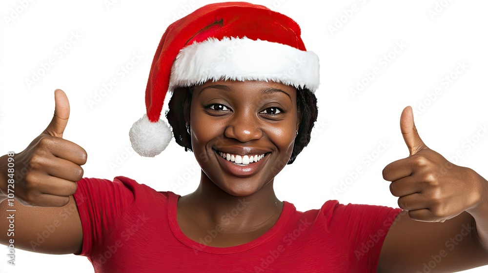 Joyful Young Woman Celebrating Christmas with a Santa Hat Giving Thumbs Up Gesture, Radiating Happiness and Festive Spirit for the Holiday Season Joyful Young Woman Celebrating Christmas with a Santa Hat Giving Thumbs Up Gesture, Radiating Happiness and Festive Spirit for the Holiday Season