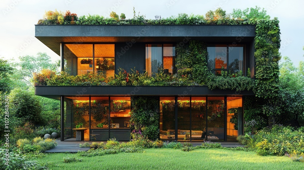 Modern eco-friendly house with lush greenery and large windows. Modern eco-friendly house with lush greenery and large windows.