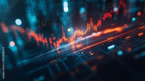 Wallpaper Mural Red downward arrow crossing a line graph with falling stock market bars. Abstract background with financial numbers in a cool, toned setting Torontodigital.ca