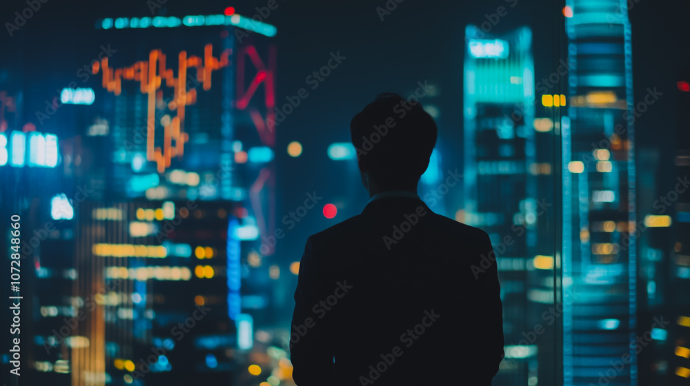 Abstract business man stands on the peak of success amid tall, innovative Smart city and graphs with statistics to analyze business potential and predict future developments in company growth. Abstract business man stands on the peak of success amid tall, innovative Smart city and graphs with statistics to analyze business potential and predict future developments in company growth.