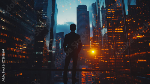 Abstract business man stands on the peak of success amid tall, innovative Smart city and graphs with statistics to analyze business potential and predict future developments in company growth.