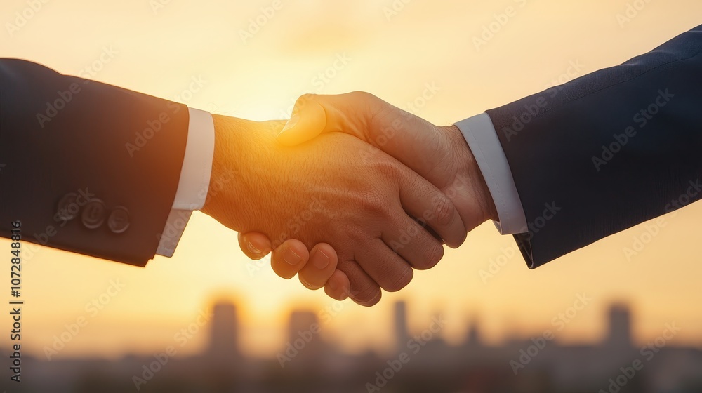 Two business professionals shake hands against a sunset backdrop, symbolizing partnership, agreement, and mutual respect in a corporate environment. Two business professionals shake hands against a sunset backdrop, symbolizing partnership, agreement, and mutual respect in a corporate environment.