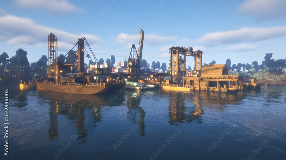 A small industrial harbor with a few ships docked, cranes, and warehouses. A small industrial harbor with a few ships docked, cranes, and warehouses.