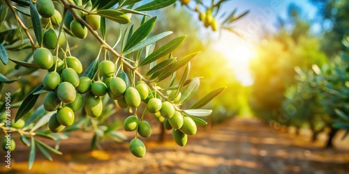 A Close-Up View of Olives Growing on a Branch, Captured in a Vibrant Orchard with the Warm Glow of the Sunset