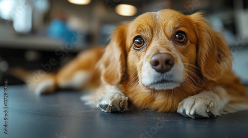 A close-up of a golden dog resting on a table, looking curious.