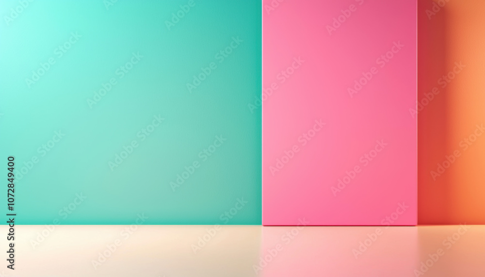 Fototapeta premium A minimalist backdrop featuring vibrant teal, pink, and peach walls, creating a modern aesthetic with clean lines and a soft, serene atmosphere.