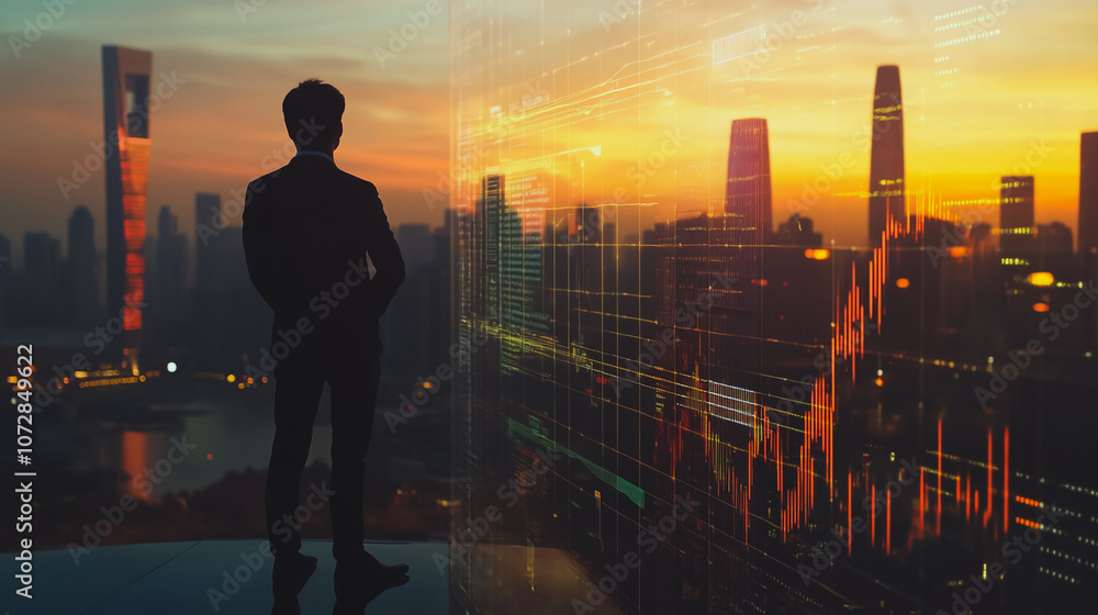 Abstract business man stands on the peak of success amid tall, innovative Smart city and graphs with statistics to analyze business potential and predict future developments in company growth. Abstract business man stands on the peak of success amid tall, innovative Smart city and graphs with statistics to analyze business potential and predict future developments in company growth.