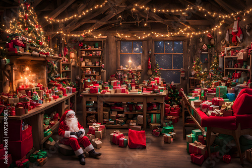 Santas workshop with toys presents and glowing lights all around, AI Generated