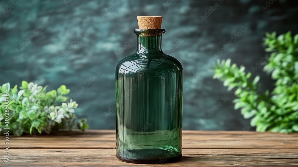 A green glass bottle with a cork stopper on a wooden table. A green glass bottle with a cork stopper on a wooden table.