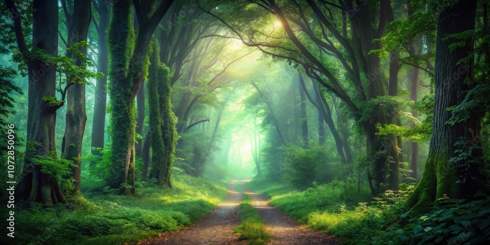 Naklejka premium A sunlit path through a misty forest, revealing an ethereal landscape of towering trees and verdant foliage
