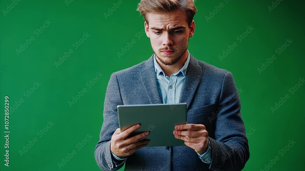 Young businessman holds a digital tablet featuring a green screen. Browsing and scrolling on the device, he engages with online content in a modern office setting Young businessman holds a digital tablet featuring a green screen. Browsing and scrolling on the device, he engages with online content in a modern office setting