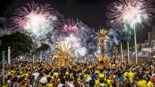 A new years eve parade in rio de janeiro with fireworks and samba dancers celebrating at midnight, AI Generated