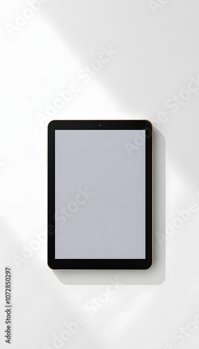 Tablet mockup on minimal background. Modern tablet display mockup scene. Tablet with empty screen. Top view. Photo mockup with clipping path isolated with white highlights, png