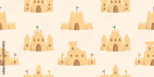 Summer pattern with sandcastles on the beach