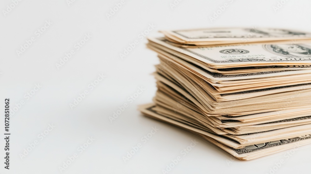 A Neatly Assembled Stack of US Dollar Bills Against a Clean Background, Symbolizing Wealth, Finance, and the Importance of Currency Management in Everyday Life A Neatly Assembled Stack of US Dollar Bills Against a Clean Background, Symbolizing Wealth, Finance, and the Importance of Currency Management in Everyday Life