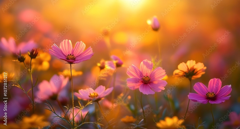 A field of flowers with a bright sun shining on them A field of flowers with a bright sun shining on them