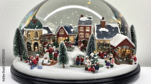 Enchanting Winter Village Scene Inside Snow Globe Featuring Colorful Houses, Snow-Covered Trees, and Cheerful Holiday Characters Celebrating Together