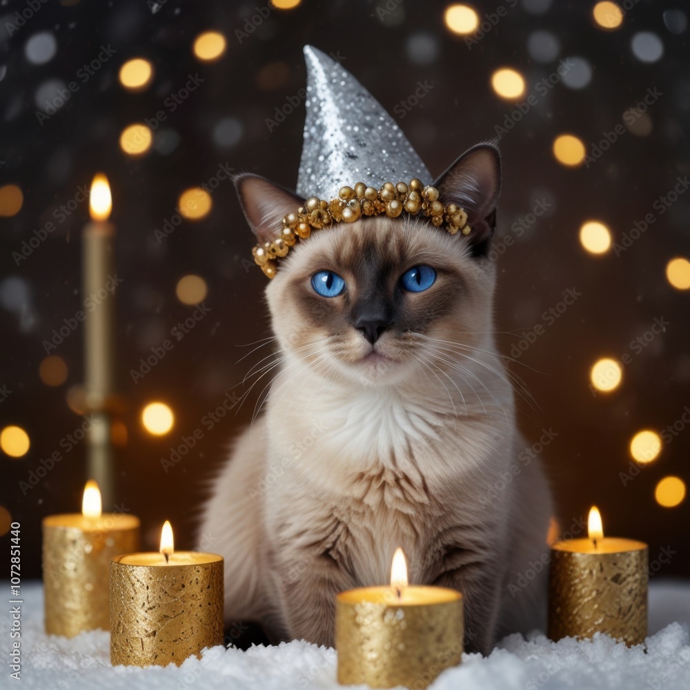 Siamese cat with blue eyes wearing a golden party hat, surrounded by candles in a winter scene. Elegant Siamese cat with bright eyes, cozy candlelight, and snowy background Siamese cat with blue eyes wearing a golden party hat, surrounded by candles in a winter scene. Elegant Siamese cat with bright eyes, cozy candlelight, and snowy background