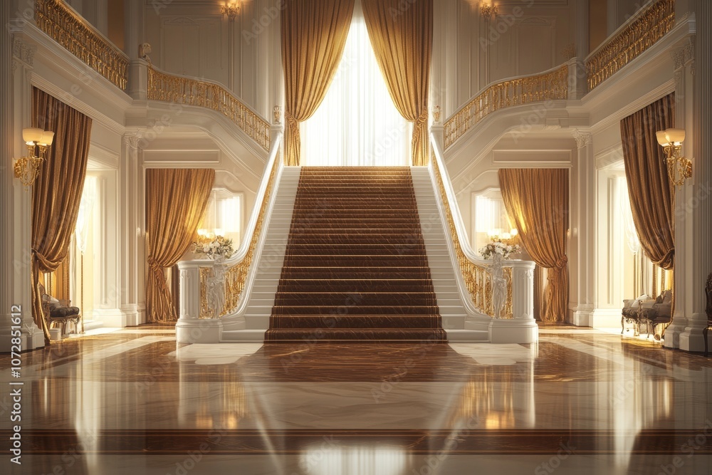 A large, empty room with a staircase and two sets of curtains
