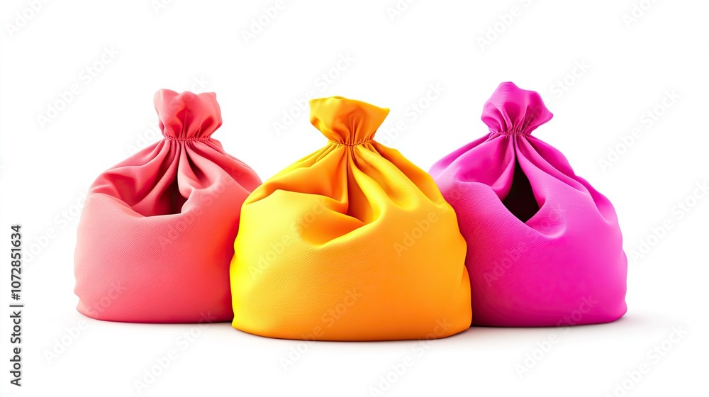 Colorful fabric bags in vibrant hues of pink, orange, and red arranged in a visually appealing manner on a clean white background for artistic designs. Colorful fabric bags in vibrant hues of pink, orange, and red arranged in a visually appealing manner on a clean white background for artistic designs.