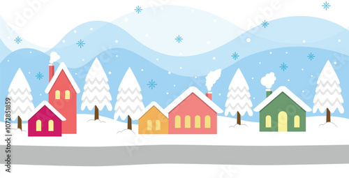 Elegant Colorful Snowy Village And Warm Light In Winter Christmas Season