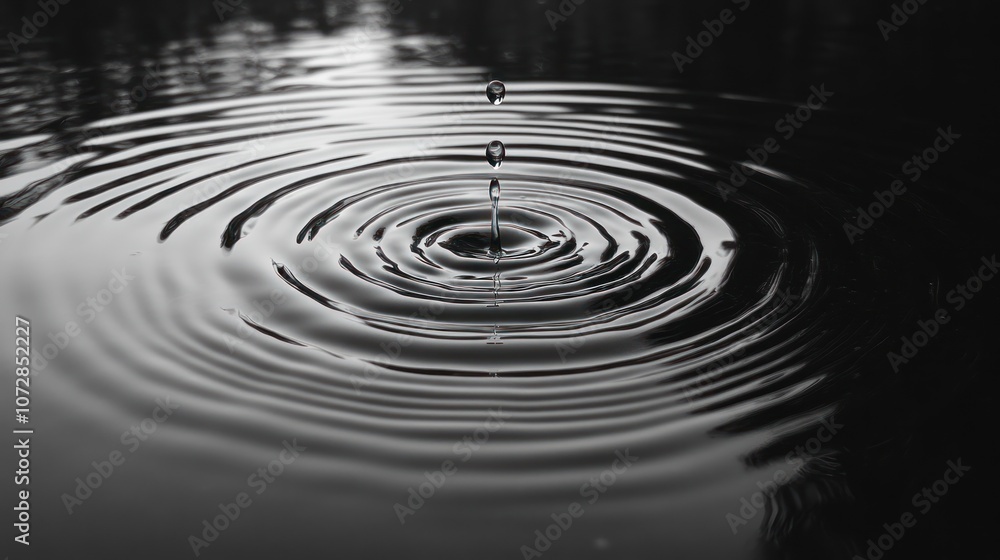 Water droplet creating ripples in a black and white setting.