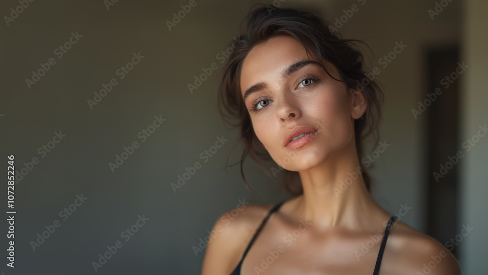Portrait of a beautiful woman indoors and illuminated by natural window light. Her makeup is natural and she has a flawless complexion. Brunette. Portrait of a beautiful woman indoors and illuminated by natural window light. Her makeup is natural and she has a flawless complexion. Brunette.